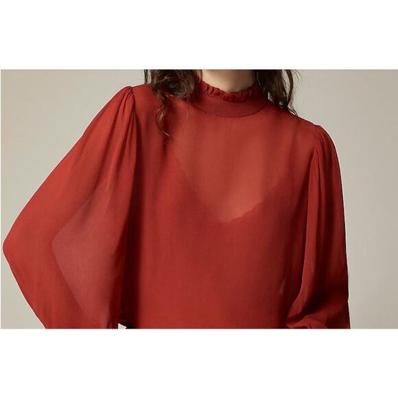 J.Crew Womens Ruffleneck Top Medium Red Chiffon Whimsigoth Sheer Classic Office - Picture 4 of 14